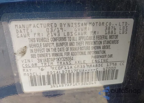 2019 Nissan Sentra Sv from USA, damaged, VIN 3N1AB7AP1KY326064
